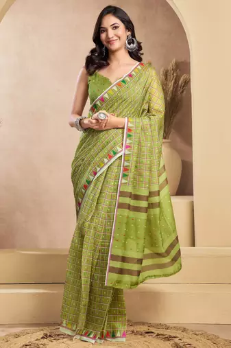 Lime green printed linen pre draped  saree with blouse
