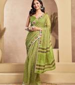 Lime green printed linen pre draped  saree with blouse