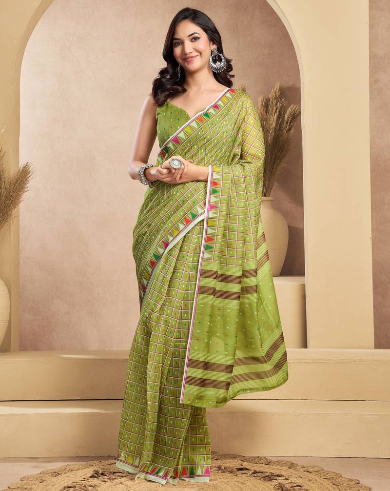 Lime green printed linen pre draped  saree with blouse