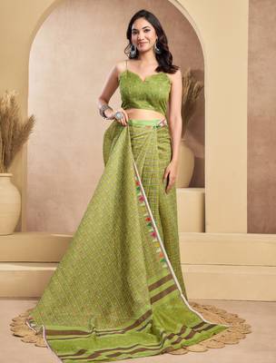 Lime green printed linen pre draped  saree with blouse 3