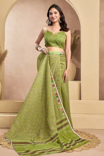 Lime green printed linen pre draped  saree with blouse