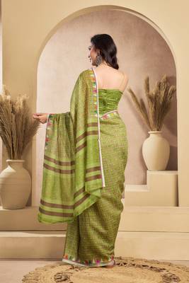 Lime green printed linen pre draped  saree with blouse 4