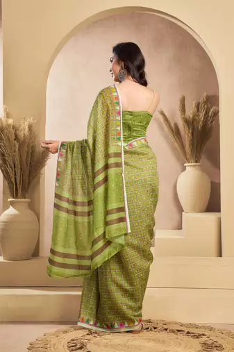 Lime green printed linen pre draped  saree with blouse