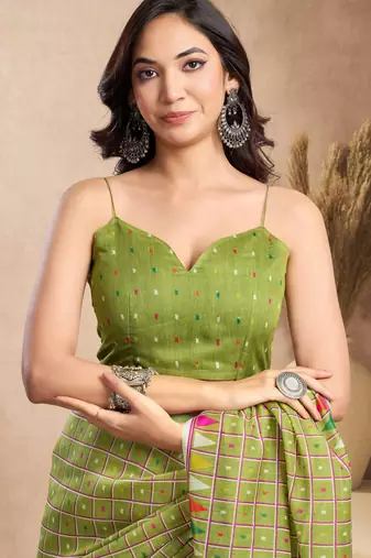 Lime green printed linen pre draped  saree with blouse