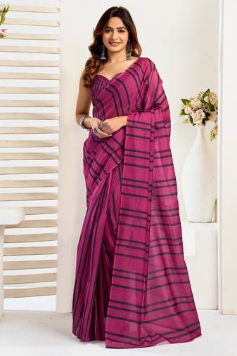 Magenta printed linen pre draped  saree with blouse