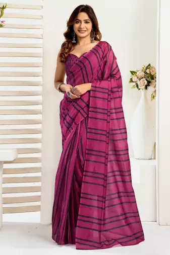 Magenta printed linen pre draped  saree with blouse