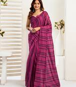 Magenta printed linen pre draped  saree with blouse