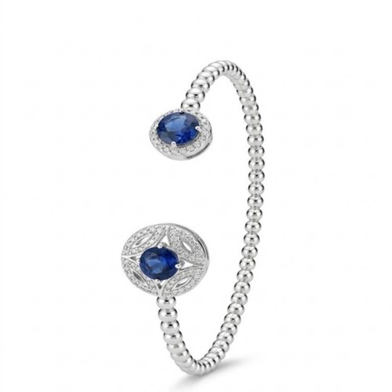 925 Sterling Silver Blue Cubic Zirconia Open Cuff Bracelet for Women | Beaded Silver Bangle Jewelry