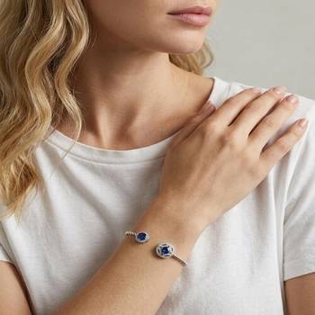 925 Sterling Silver Blue Cubic Zirconia Open Cuff Bracelet for Women | Beaded Silver Bangle Jewelry 2