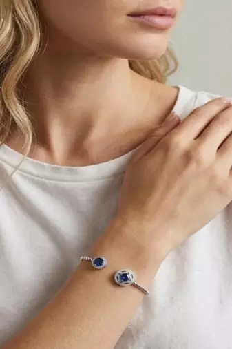 925 Sterling Silver Blue Cubic Zirconia Open Cuff Bracelet for Women | Beaded Silver Bangle Jewelry