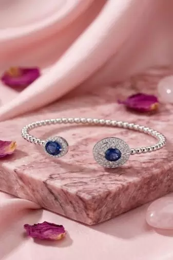 925 Sterling Silver Blue Cubic Zirconia Open Cuff Bracelet for Women | Beaded Silver Bangle Jewelry