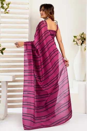 Magenta printed linen pre draped  saree with blouse