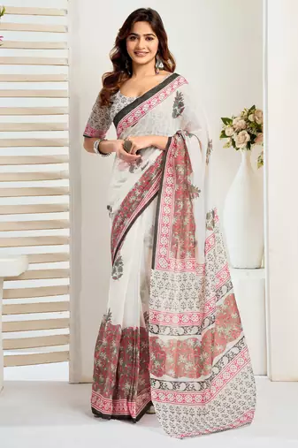 Off white printed linen pre draped  saree with blouse