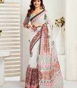 Off white printed linen pre draped  saree with blouse