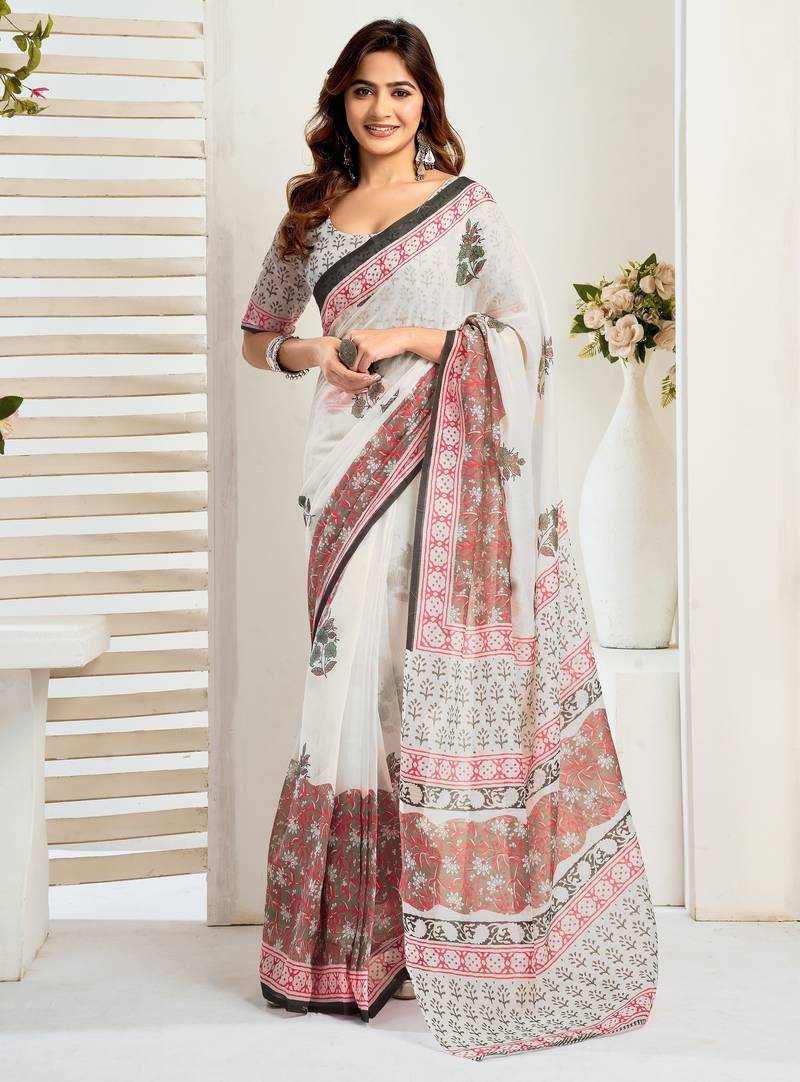 Off white printed linen pre draped  saree with blouse