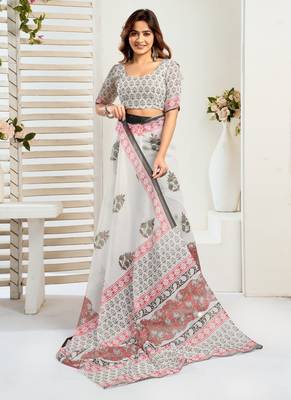 Off white printed linen pre draped  saree with blouse 3