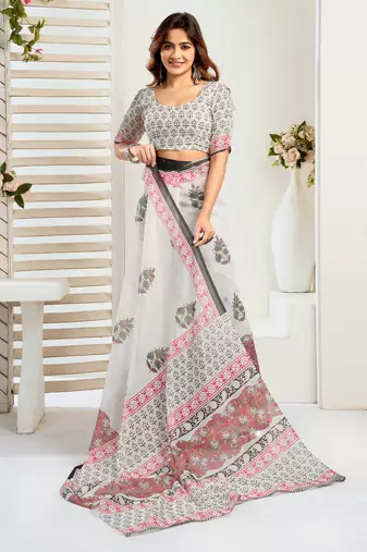 Off white printed linen pre draped  saree with blouse