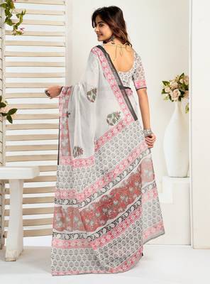 Off white printed linen pre draped  saree with blouse 4