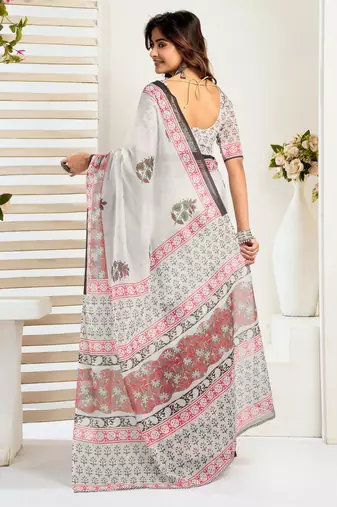 Off white printed linen pre draped  saree with blouse