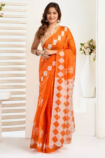 Orange printed linen pre draped  saree with blouse