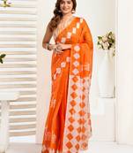 Orange printed linen pre draped  saree with blouse