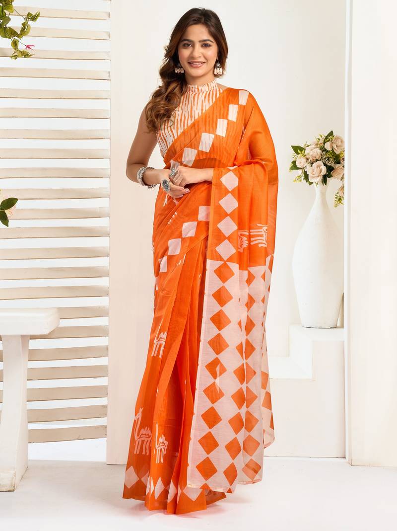 Orange printed linen pre draped  saree with blouse