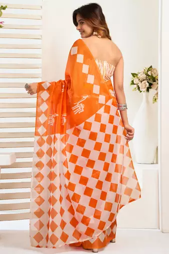 Orange printed linen pre draped  saree with blouse