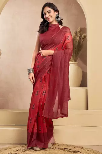 Red printed linen pre draped  saree with blouse