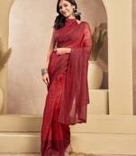 Red printed linen pre draped  saree with blouse
