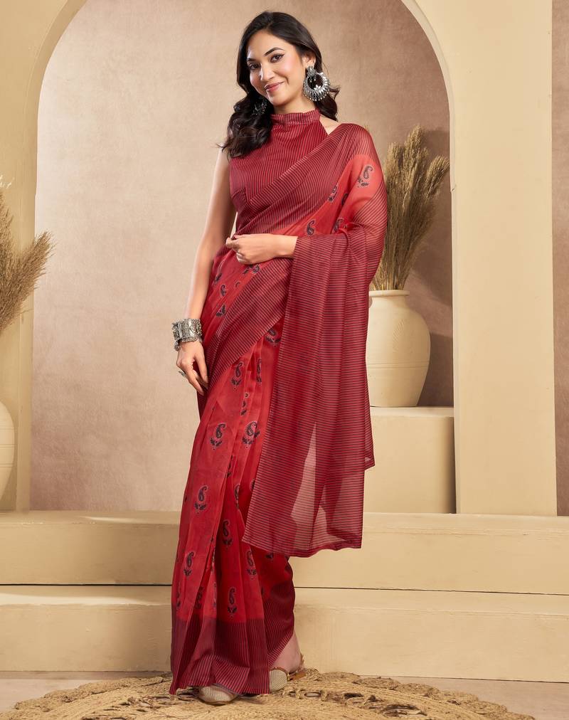 Red printed linen pre draped  saree with blouse