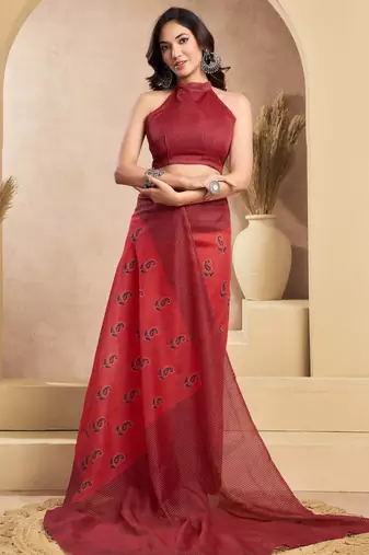 Red printed linen pre draped  saree with blouse