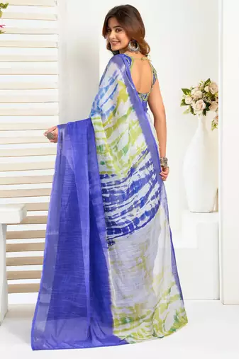 Royal blue printed linen pre draped  saree with blouse