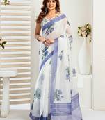White, blue printed linen pre draped  saree with blouse