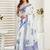 White, blue printed linen pre draped  saree with blouse