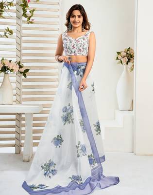 White, blue printed linen pre draped  saree with blouse 3