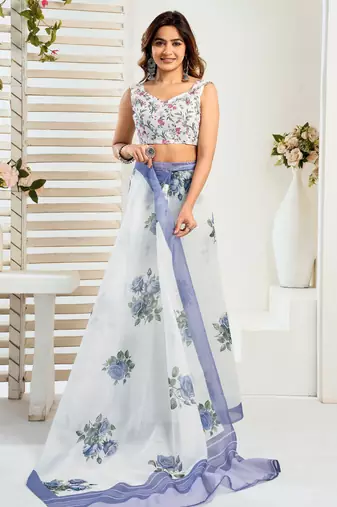 White, blue printed linen pre draped  saree with blouse