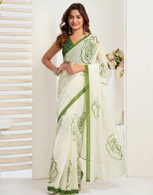 White, green printed linen pre draped  saree with blouse 1