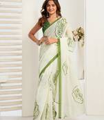 White, green printed linen pre draped  saree with blouse