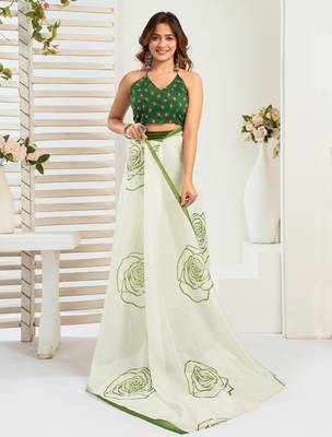 White, green printed linen pre draped  saree with blouse 3