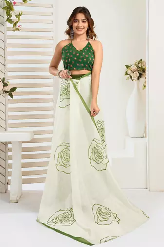White, green printed linen pre draped  saree with blouse