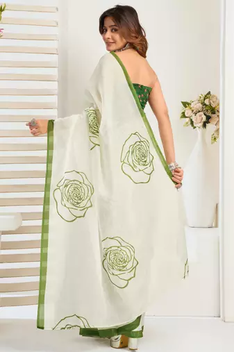 White, green printed linen pre draped  saree with blouse