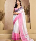 White, pink printed linen pre draped  saree with blouse