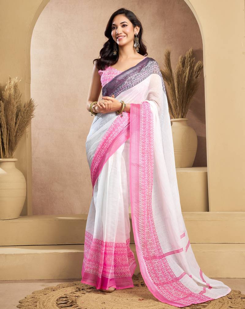 White, pink printed linen pre draped  saree with blouse