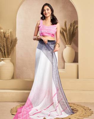White, pink printed linen pre draped  saree with blouse 3