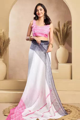 White, pink printed linen pre draped  saree with blouse