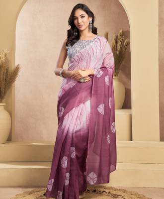 Wine printed linen pre draped  saree with blouse 1