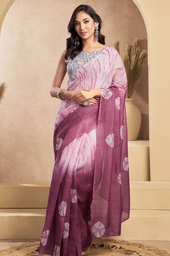 Wine printed linen pre draped  saree with blouse