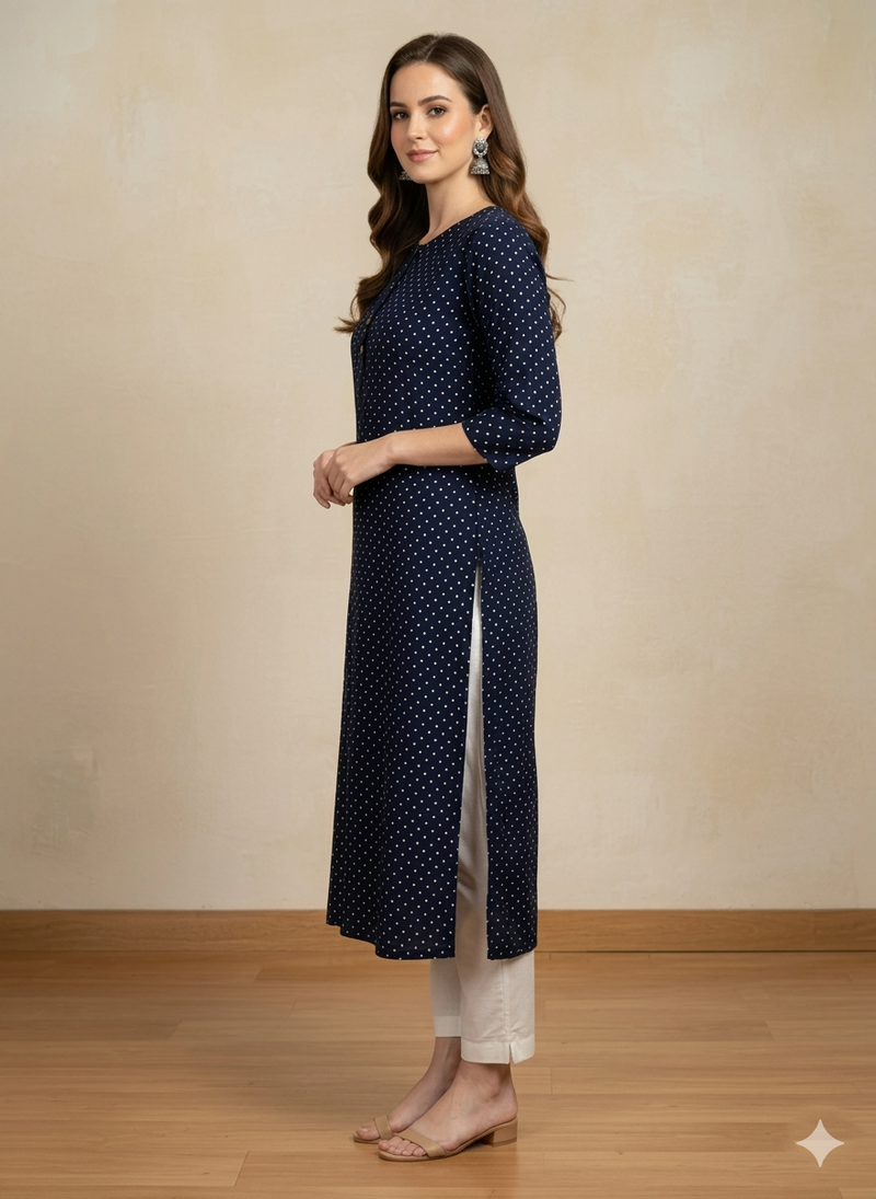 Navy blue printed cotton kurti