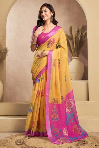 Yellow printed linen pre draped  saree with blouse