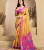 Yellow printed linen pre draped  saree with blouse